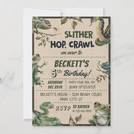 爬虫類をテーマにした子供の誕生日パーティー 招待状 (正面)