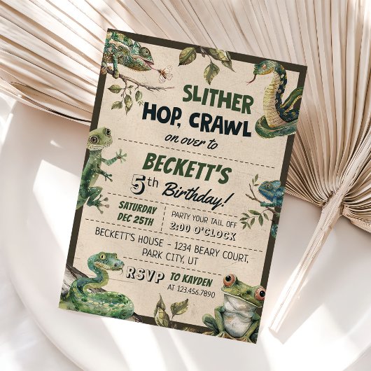 爬虫類をテーマにした子供の誕生日パーティー 招待状