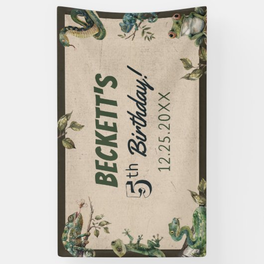 爬虫類をテーマにした子供の誕生日パーティー 横断幕 (縦)