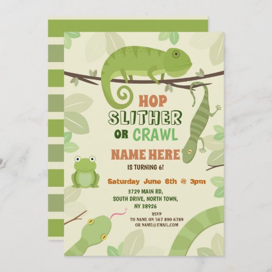 爬虫類スネークバースデーパーティリザードヘビIguana 招待状 (正面/裏面)