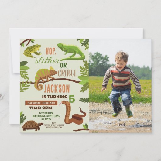 爬虫類スネークバースデーパーティー写真Frogs Iguana 招待状 (正面)
