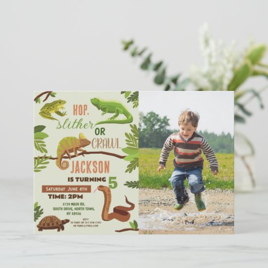爬虫類スネークバースデーパーティー写真Frogs Iguana 招待状 (スタンド正面)