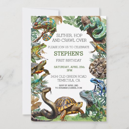 爬虫類スリザークロールスネークカメ誕生日 招待状 (正面)