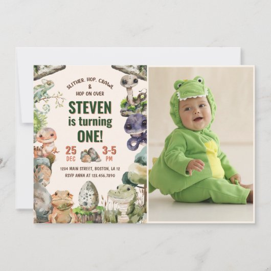 爬虫類子供の誕生日パーティー写真 招待状 (正面)