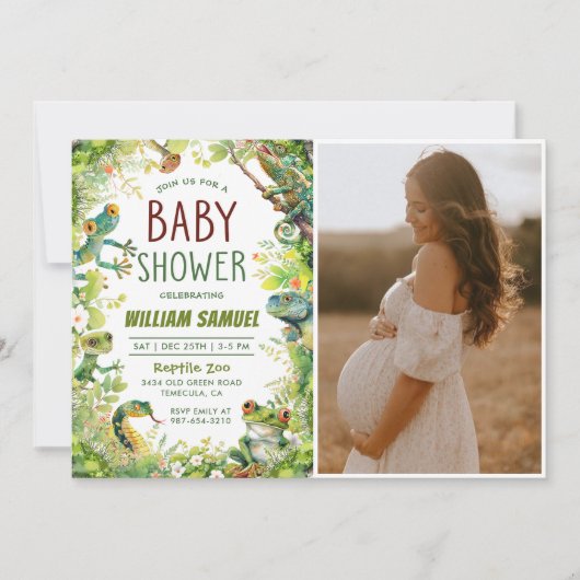 爬虫類少年男の赤ちゃんシャワー写真 招待状 (正面)
