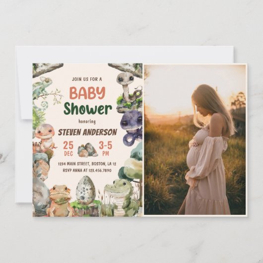爬虫類少年男の赤ちゃんシャワー写真 招待状 (正面)