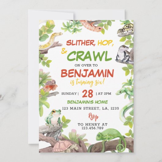 爬虫類誕生日パーティーへの招待 招待状 (正面)