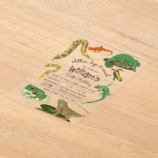 爬虫類、トカゲ類および両生類子供の誕生日 アクリル招待状 (レイダウン)