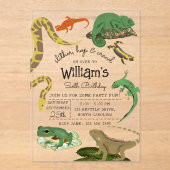 爬虫類、トカゲ類および両生類子供の誕生日 アクリル招待状 (正面)