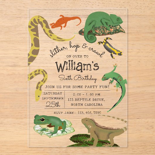 爬虫類、トカゲ類および両生類子供の誕生日 アクリル招待状 (正面)