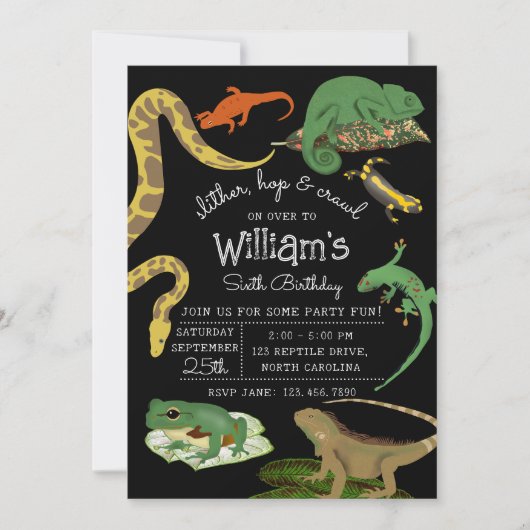 爬虫類、トカゲ類および両生類子供の誕生日 招待状 (正面)