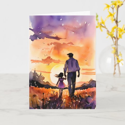 父と娘の夕日が父の日を歩く カード (黄色い花)