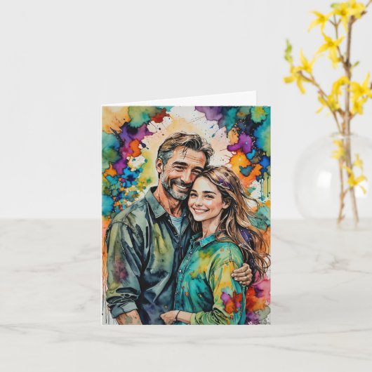父と娘の水彩画ポートレート - カラフル カード (黄色い花)