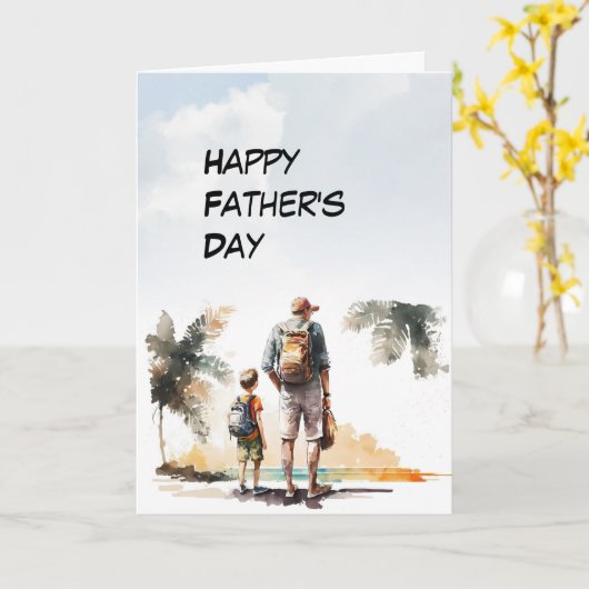 父と子がビーチ父の日をハイキング カード (黄色い花)