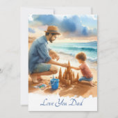 「父と息子がビーチで砂の城を作る」水彩画 シーズンカード (正面)