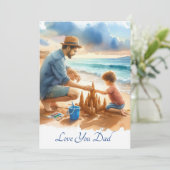 「父と息子がビーチで砂の城を作る」水彩画 シーズンカード (スタンド正面)