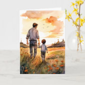 父と息子の日没が父の日を歩く カード (黄色い花)