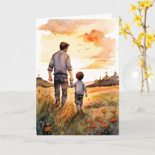 父と息子の日没が父の日を歩く カード (黄色い花)