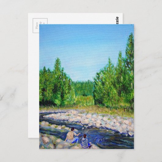 父と息子の釣り 絵画 ポストカード (正面/裏面)