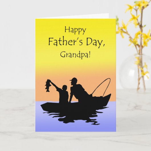 父のおじいちゃんの日、魚釣りシーン カード (黄色い花)