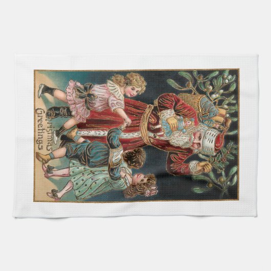 父のクリスマスと踊りの子供とヤドリギ キッチンタオル (横)