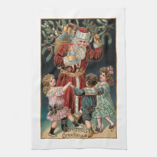 父のクリスマスと踊りの子供とヤドリギ キッチンタオル (縦)