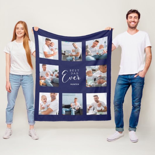 父の写真コラージュのネイビーブルー フリースブランケット (インサイチュ)