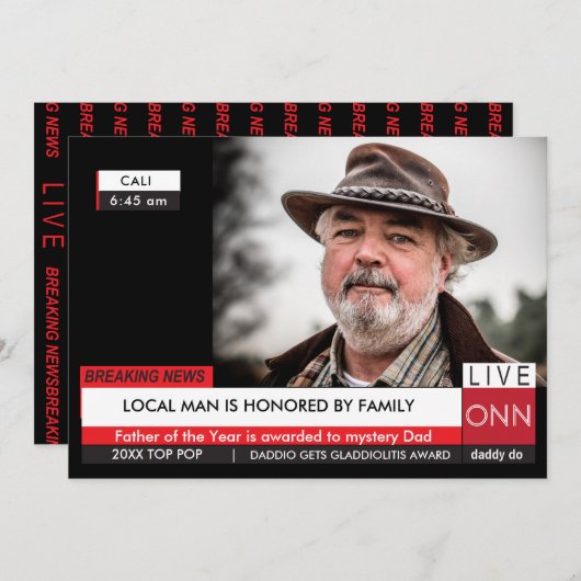 父の日おもしろいカード🎉偽のテレビニュース 招待状 (正面/裏面)