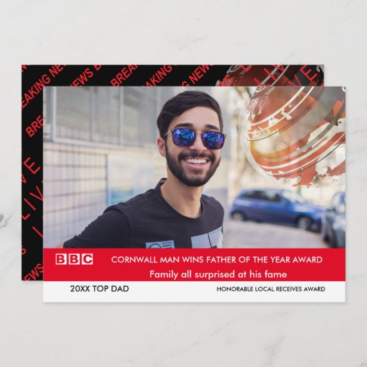 父の日おもしろいカード🎉偽の英国テレビニュース 招待状 (正面/裏面)