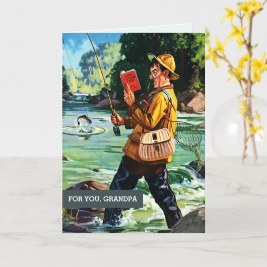 父の日のおじいちゃん。ヴィンテージ魚釣りシーン カード (黄色い花)