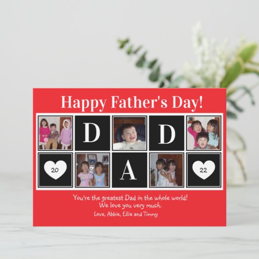 父の日のおめでとう5枚の写真の赤いフラットグリーティングカード カード (スタンド正面)
