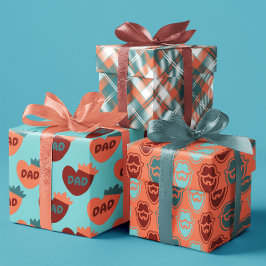 父の日のティール（緑がかった色）とオレンジのハートパパセット3 ラッピングペーパーシート