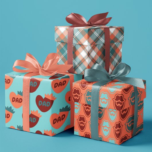 父の日のティール（緑がかった色）とオレンジのハートパパセット3 ラッピングペーパーシート