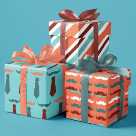 父の日のティール（緑がかった色）とオレンジの口ひげパパセット3 ラッピングペーパーシート