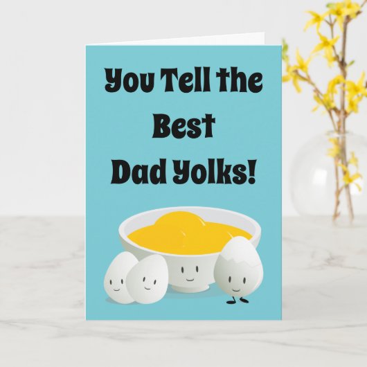 父の日のパパがジョークで食べ物の卵を漫画に カード (黄色い花)