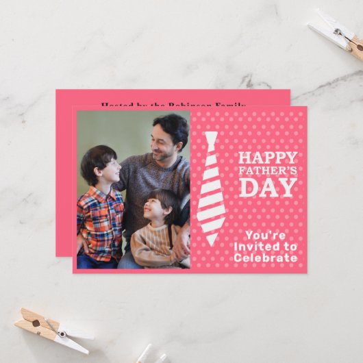 父の日のホワイトタイ ピンクドット 写真を追加 パーティー 招待状 (正面/裏面インサイチュ)