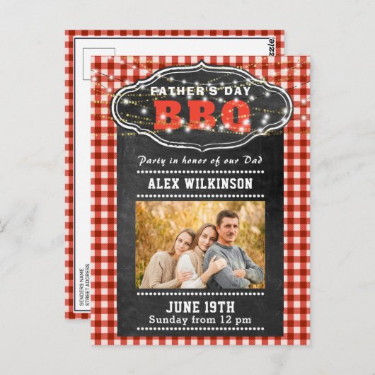 父の日の写真赤い格子柄の黒板BBQパーティー ポストカード (正面/裏面)