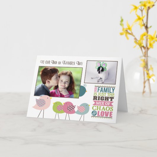 父の日の家族のカオスと愛の鳥の写真2枚 カード (黄色い花)