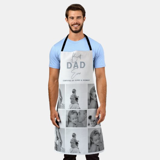 父の日の父最高のがフォトコラージュブルー エプロン (着用した状態)