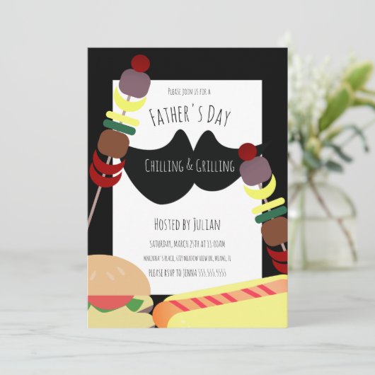 父の日の BBQ ピクニック くつろぎ グリル ブラック 招待状 (スタンド正面)