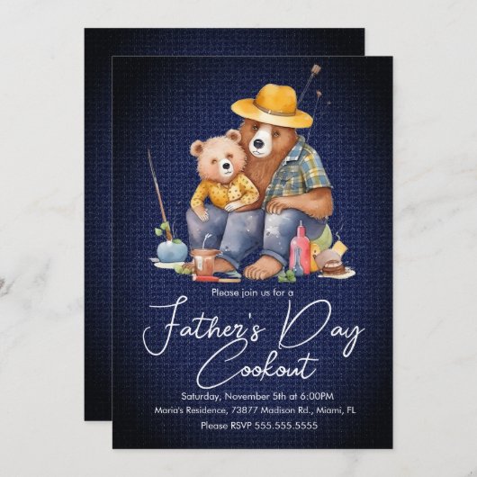 父の日クックアウトベア魚釣りピクニックパーティー 招待状 (正面/裏面)