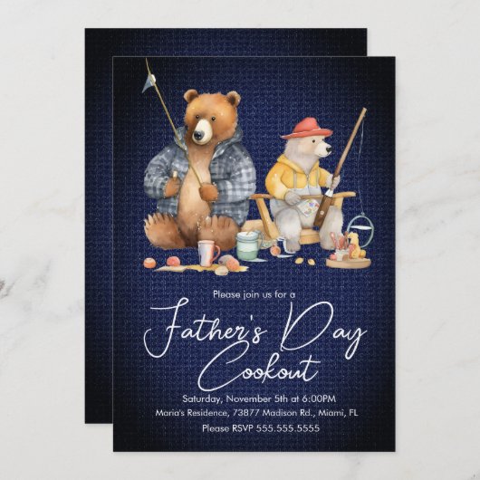 父の日クックアウトベア魚釣りピクニックパーティーB 招待状 (正面/裏面)