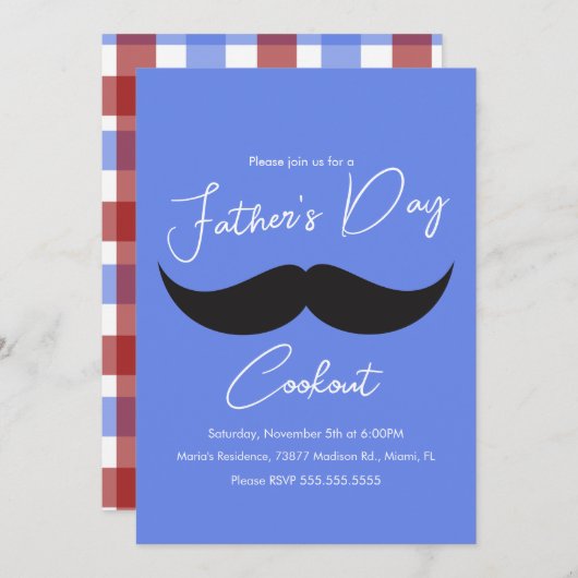 父の日クックアウト口ひげブループレイド 招待状 (正面/裏面)