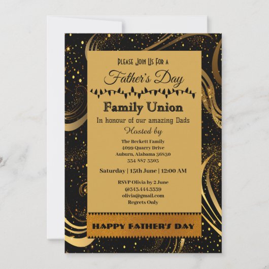 父の日ファミリー連合金ゴールドカール葉の渦巻き 招待状 (正面)