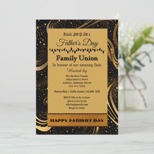 父の日ファミリー連合金ゴールドカール葉の渦巻き 招待状 (スタンド正面)