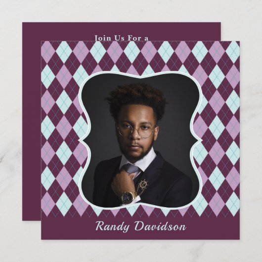父の日フォトパープルディナアーガイルーパーティーの追加 招待状 (正面/裏面)