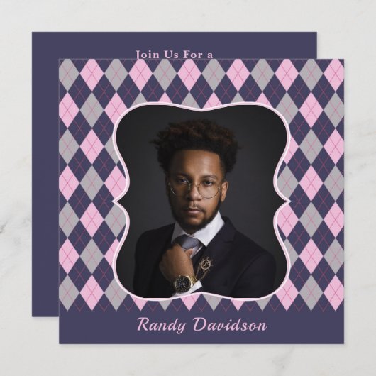 父の日フォトブルーピンクアーガイルディナーパーティー 招待状 (正面/裏面)