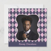 父の日フォトブルーピンクアーガイルディナーパーティー 招待状 (正面)