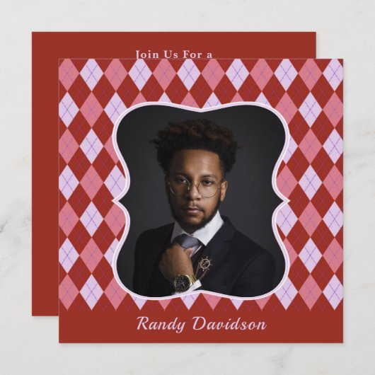 父の日フォトレッドピンクディナーアーガイルパーティーを追加 招待状 (正面/裏面)