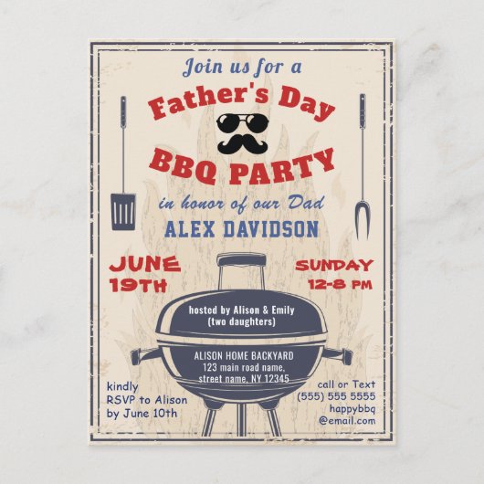 父の日ヴィンテージスタイルBBQパーティの招待状 ポストカード (正面)
